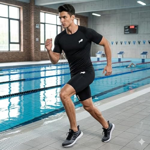 Image of JUST RIDER Swimwear Half Sleeve T-Shirt and Shorts for Men & Women Men's Swimming T-Shirt and Swimming Shorts Set, Polyester, Quick-Dry, Chlorine-Resistant, Flatlock Seams