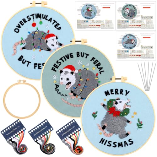 Image of Mindsoft 3 Set Needlepoint Kit for Beginners with Hoop,Christmas Possum