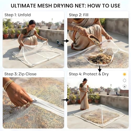 Image of Papad Drying Cloth with Zipper Net Cover | Pure Cotton Food Drying Cloth for Papad, Vadagam, Appalam, Fryums, Spices, Grains & Herbs | Reusable Sun Drying Mat | 75 x 100 cm