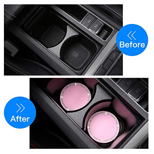 4 Pack Bling Car Coasters, 2.75 Inch Bling Crystal Rhinestone Soft Rubber Universal Anti-Slip Glitter Cup Mats Auto Cup Holder Insert Drink Coaster Car Interior Decoration For Women Girls Pink #TOP1