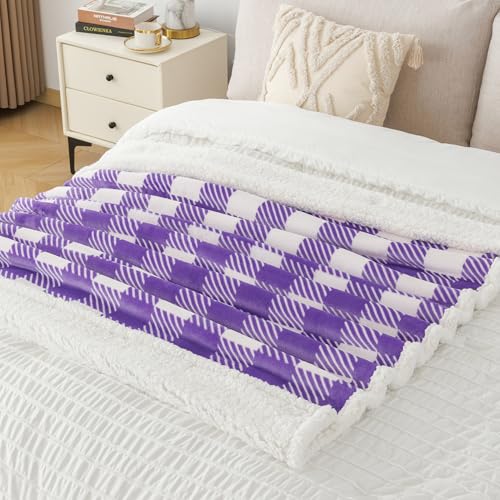 Touchat Sherpa Plaid Twin Blanket 60" X 70", Fuzzy Fluffy Soft Cozy Throw Blanket, Twin Size Plush Fleece Flannel Plush Microfiber Blanket for Couch Bed Sofa (PurpleWhite)