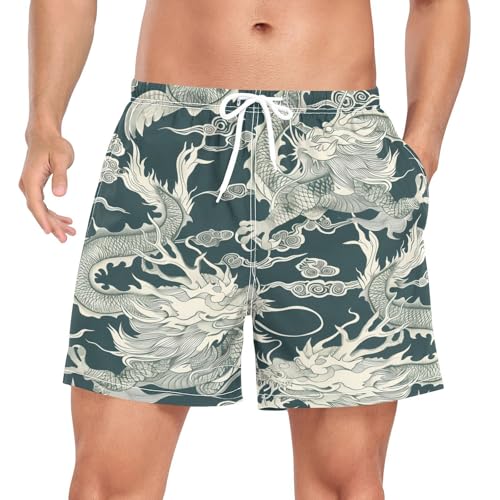 Chinese Dragon Flying Men's Swim Trunks with Liner Quick Dry Beach Shorts Swimwear Bathing Suit S-XXL