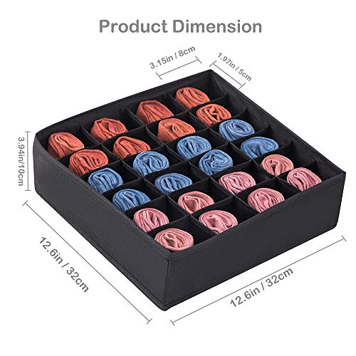 Qozary 2 Pack Sock Underwear Organizer, Non-Woven Fabric 24 Cell Drawer Organizer Divider, Collapsible Closet Cabinet Storage Boxes for Storing Socks, Lingerie, Underwear, Clothes (Black)