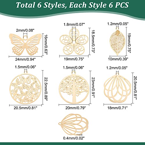 UNICRAFTALE 36Pcs 6 Style Gold Botanical Themed Pendant Stainless Steel Filigree Pendants Etched Metal Embellishments Flower Butterfly Leaf Flat Round Hollow Pendant Charms for Jewelry Making - Image 4