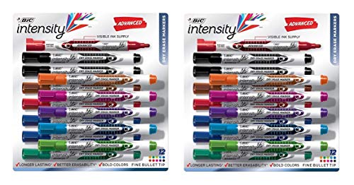 BIC Intensity Advanced Dry Erase Marker, Fine Bullet Tip, Assorted Colors, 12-Count Pack of 2