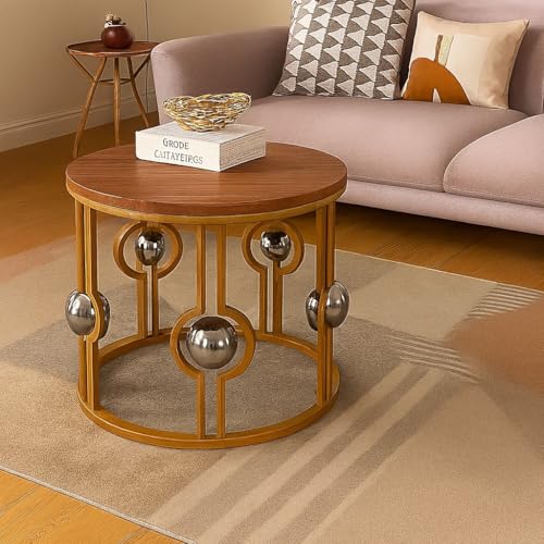 Image of Marble Look Coffee Table, Round Accent Metal Center Table with Golden Metal Golden Brown