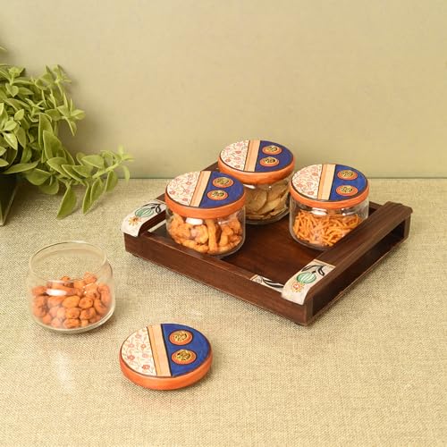 Image of AAKRITI ART CREATIONS Artisan Munch Tray S04 Jars | Handcrafted Dhokra Brass Storage Jars| Kitchen Decoration Items Stylish Tray & Jars| Airtight Kitchen Jars with Wooden