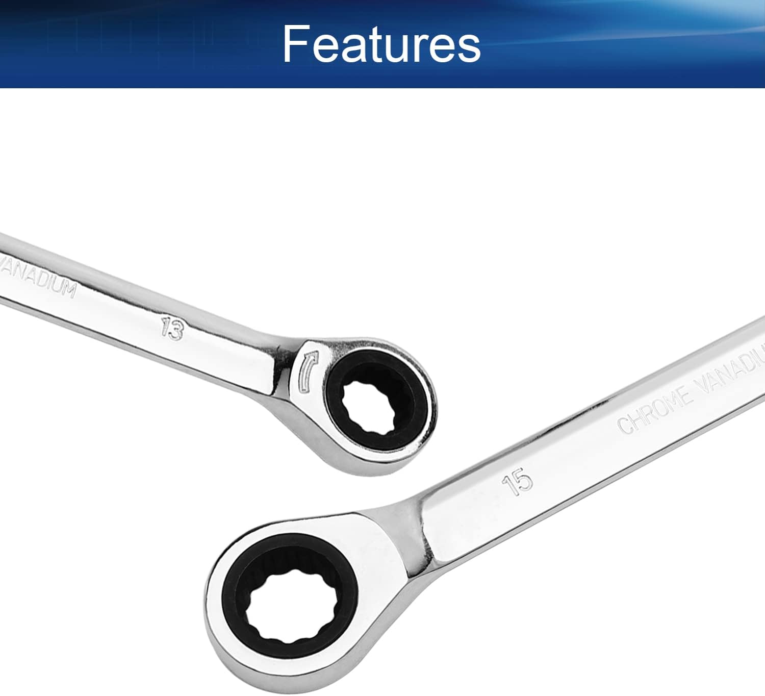 Auniwaig Double Box End Ratcheting Wrench, Metric, 13mm x 15mm, 72-Tooth Double Box End Wrench Spanner, Cr-V