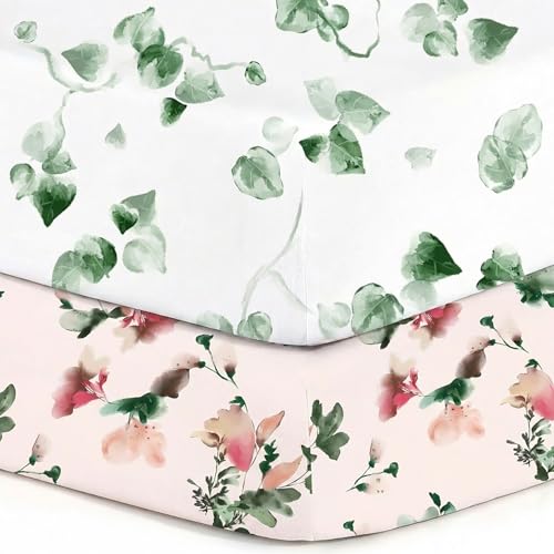 Image of Pack n Play Sheets, BROLEX 2 Pack Mini Crib Sheets,Stretchy Portable Fitted Playard Sheet Set, Convertible Playard Mattress Cover,Ultra Soft Breathable Material,Exotic & Flora