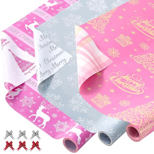 Image of EWES Pink Christmas Wrapping Paper 3 Rolls Set,Aesthetic Elegant Heavy Duty Premium Princess Girls Girly Gift Wrap,Cute Reindeer,Snowflake,Christmas Tree,Silver Reversible,Total 48.6sq.ft