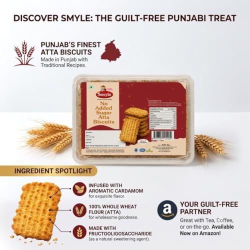 Image of Smyle No Added Sugar Atta Biscuits | 100% Whole Wheat | No Maida | Healthy Snack for Diabetics | Rich in Fiber| Pack of 2 x 250g (500g Total)
