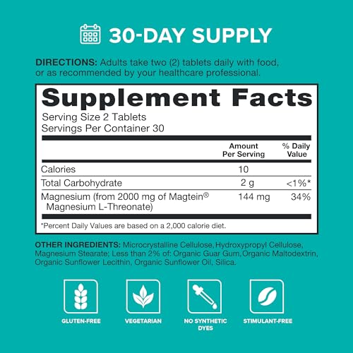 Image of Qunol Q-Mag Magnesium L-Threonate Tablets, 2000mg of Magtein to Help Support Cognitive Performance, Improve Mental Alertness & Productivity, Supports Restful Sleep, High Absorption, 60 Count