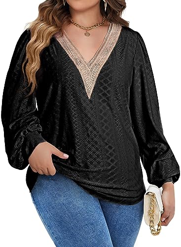 Eytino Womens Plus Size Tops Lantern Long Sleeve Lace V Neck Dressy Casual Blouse Loose Tunic Shirts(1X-5X)