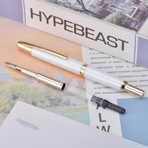 Image of Jinhao 10 Press Fountain Pen with Box, Pearl White Retractable Extra Fine Nib with Ink Converter Set (Golden Clip)