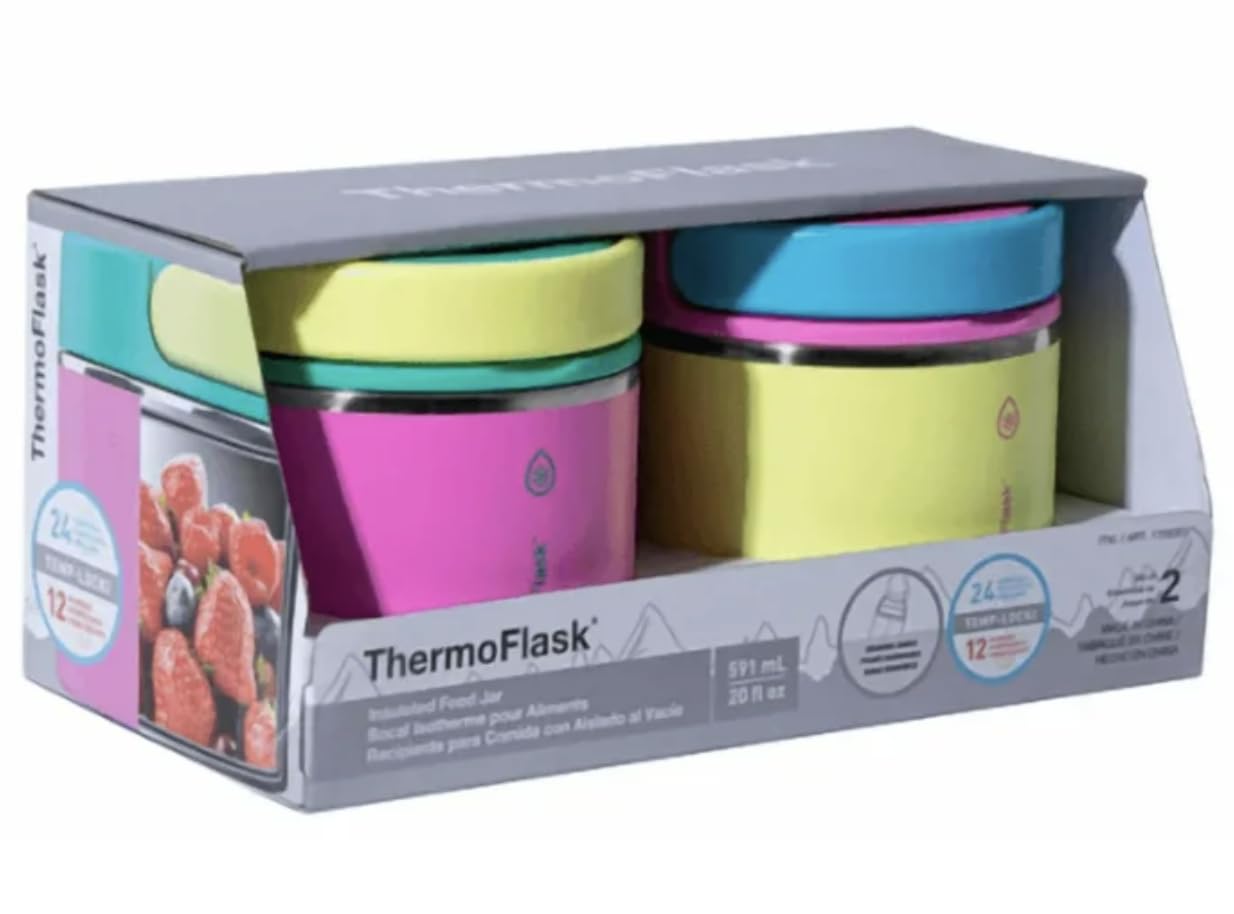 Thermoflask Tarro aislado para alimentos de 20 onzas, paquete de 2, rosa y azul, caliente 12 horas de frío 24 horas (rosa y amarillo)