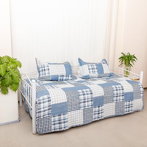 Image of Jarson 3 Piece Plaid Daybed Cover Set Twin Blue Gray White Patchwork Quilted Daybed Bedding Sets Double Side Cozy Sofa Daybed Cover with 2 Shams