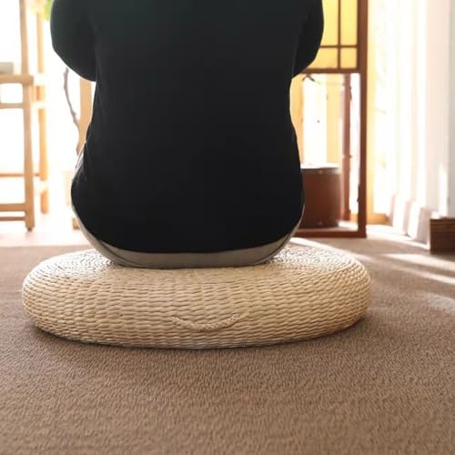 Generisch Rattan Bodenkissen Handgewebt Rund 45cm Japansstil Tatami Sitzkissen Aus Rohrkolbengras Yoga Meditationskissen FüR Balkon Schlafzimmer Wohnzimmer BodenmöBel Kompakt StrapazierfäHig (Gelb)