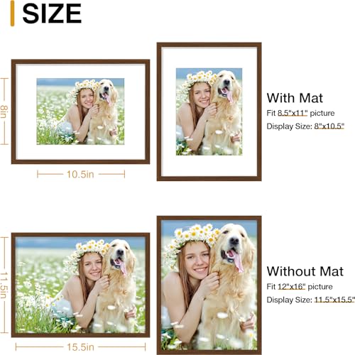 decorUhome 12x16 Picture Frame Set of 10, Display Photos 8.5x11 with Mat or 12x16 Unmatted for Picture Frames Collage Wall Decor, Brown