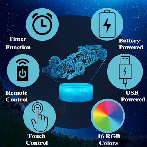 Image of F1 Car Gifts for Boy, Formula One Night Light with Remote Control, 16 Colors Changing, RGB Flashing Mode and Dimmable, Sport Race Car Gifts for Boys Christmas Decor