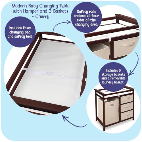 Image of Badger Basket Modern Baby Changing Table with Laundry Hamper, 3 Storage Drawers and Pad, Diaper Change Station - Cherry /Ecru