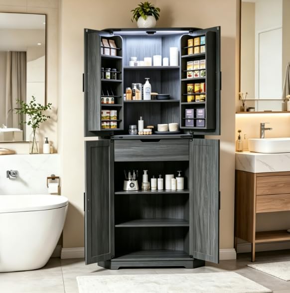 Image of Dripex 71 inch Tall Corner Pantry Cabinet Black, Farmhouse Tall Storage Cabinet with Doors, Adjustable Shelves & LED Light, Kitchen Food Cabinet for Living /Dining Room