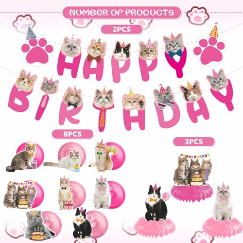Image of Cat Birthday Party Hanging Swirls - NOVBAUB 20PCS Lovely Pink Cat Birthday Party Supplies Honeycomb Centerpieces Cute Cat Theme Birthday Party Decorations for Cats Kids Teens Adults