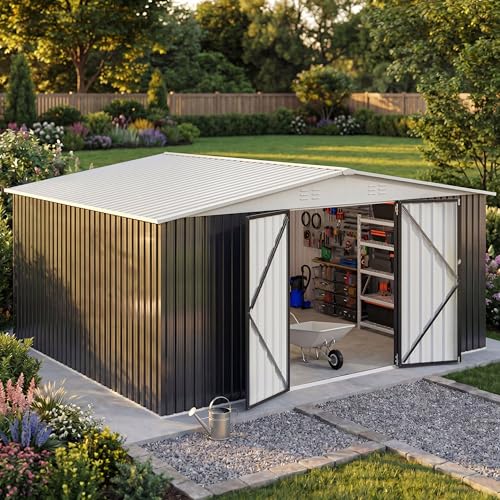 Image of AirWire 12x14 FT Storage Shed,Garden Shed with Updated Frame Structure and Lockable Doors, Metal Tool Sheds for Backyard Garden Patio Lawn,White