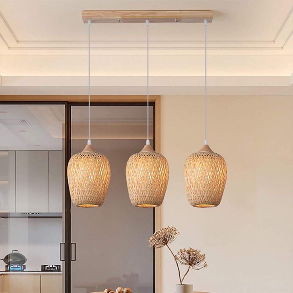 Rustic Light Handwoven Rattan Basket for Coastal Diniroom 3 Light Wicker Hangingp for Kitchen Island Farmhouse Bedroom Dinitable/Color/C