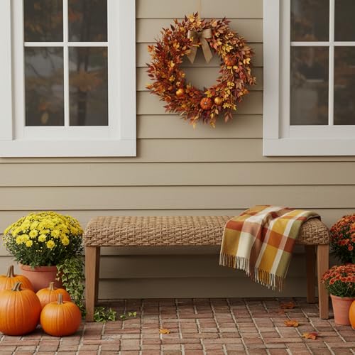 Image of Outdoor Backless Bench, All-Weather Wicker & Solid Acacia Wood, Premium Garden Bench with Woven Rattan Seat and Thick Outdoor Cushion for Patio, Porch, Living Room or Entryway (Natural, PE Wicker)