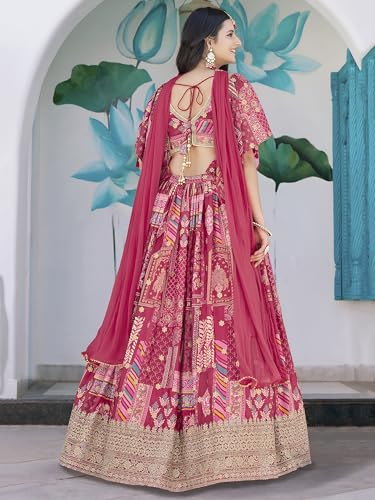 Image of Women's Digital Print With Zari Dori Embroidery Work Chinnon Silk Lehenga Choli With Dupatta (Women-Lehenga-Choli-New; Free size)