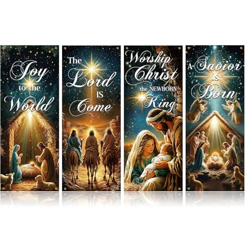 FuWeave 4 Pcs Nativity Scene Church Banners with Scripture for Sanctuary Wall Jesus Birthday Scene Christian Xmas Religious Hanging Sign Banner for Christmas Church Event Communal Prayers