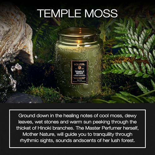 Image of Voluspa Temple Moss, Large Candle Jar, 18oz, Coconut Wax Blend, Scented Candles for Home, 100 Hour Burn Time, Handcrafted in the USA