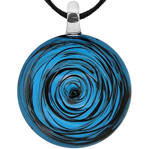 CHUVORA Hand Blown Glass Black Blue Circular Rose Flower Round Pendant Necklace, 18 inches Cover