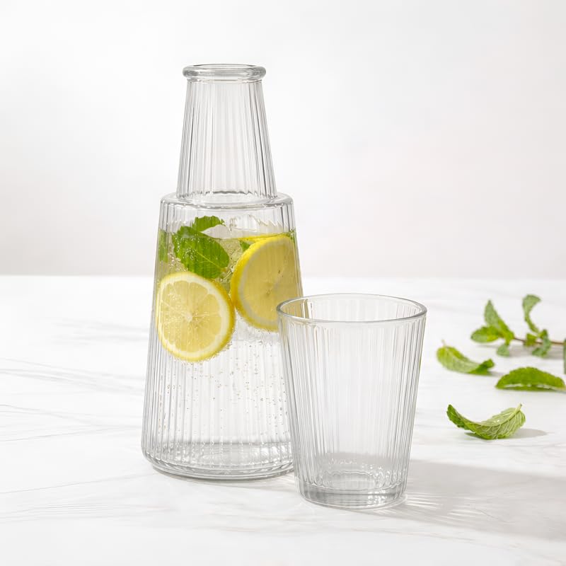 Image of Allo Drinksafe Glass Water Jug With Lid 850ml, Multipurpose Detox Pitcher Jar For Hot & Cold Beverages, Milk, Juice, Iced Tea, Ideal For Gifting, Serving, Dining Table(0.85 Litre Transparent Stripped)