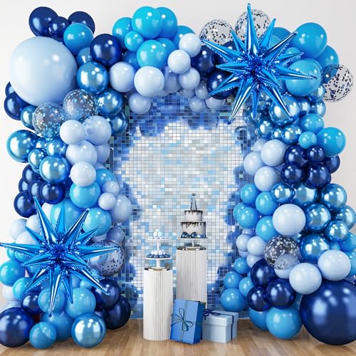 RUBFAC Blue Balloon Arch Kit Metallic Blue for Fathers Day Graduation Decorations Confetti Star Latex Navy Balloons for Wonderland Baby Shower Birthday Christmas Anniversary Decorations 140pcs