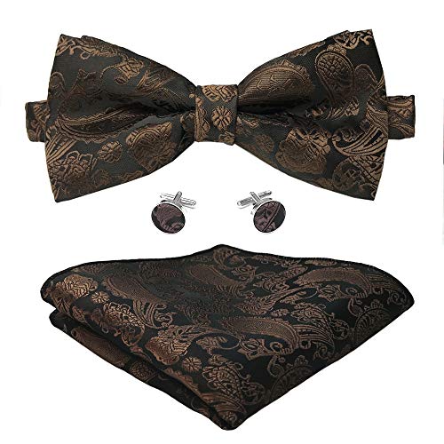 CANGRON Herren Braun Schwarz Vorgebundene Paisley Fliegenbinder Pocket Square Bowties Set DBSP2ZO Cover