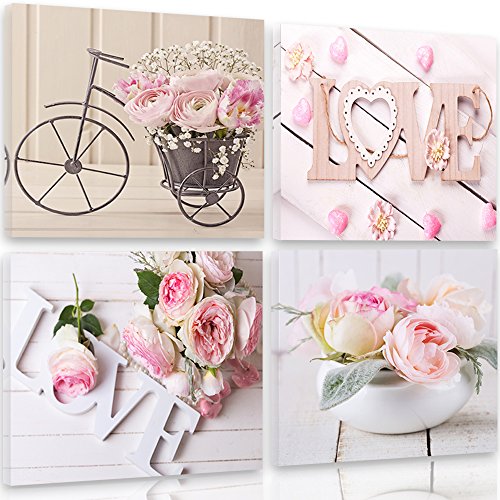 Feeby Impression Sur Toile 4 Pièces Love Roses Fleurs 40x40 cm Tableaux Tableau Mural Image Moderne Photo Décoration Murale Artistique Photographie Design...