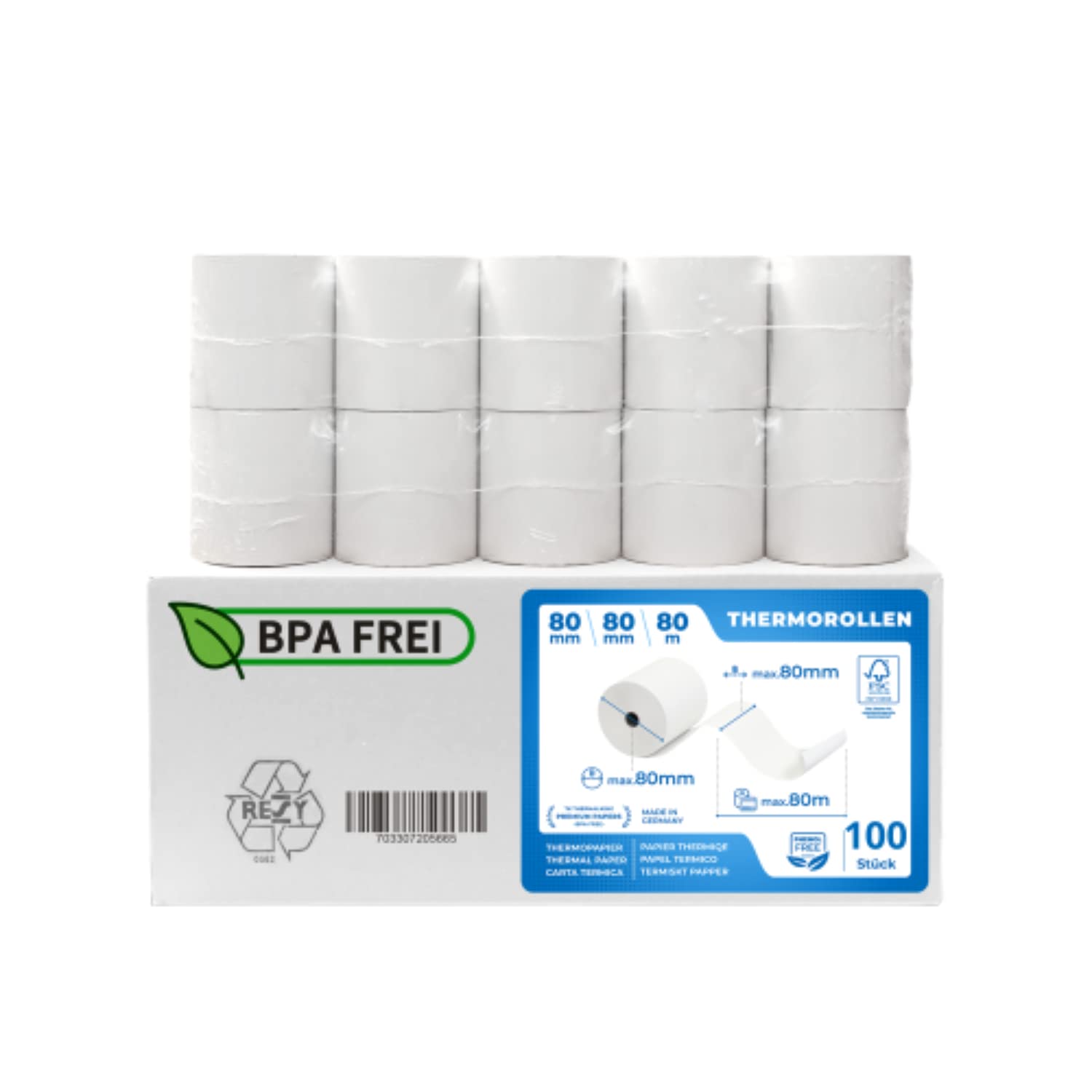 Rouleaux thermiques 80 mm x 80 m x 12 mm – Rouleaux de caisse – Rouleaux de caisse – Pour caisse enregistreuse – Imprimantes de bonbon – Papier thermique – Sans BPA (100 rouleaux)