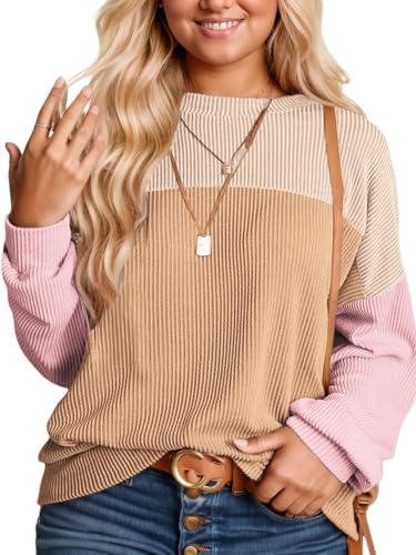Image of Womens Plus Size Tops Fall Oversized Crewneck Tshirts Long Sleeve Color Block Shirts Khaki Orange 4XL