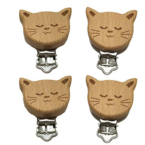 Arakierst 10pcs Natural Wood Suspender Pacifier Clips Cute Beech Wooden Animal Cat Shape Clips DIY Beading Pacifier Chain Accessory