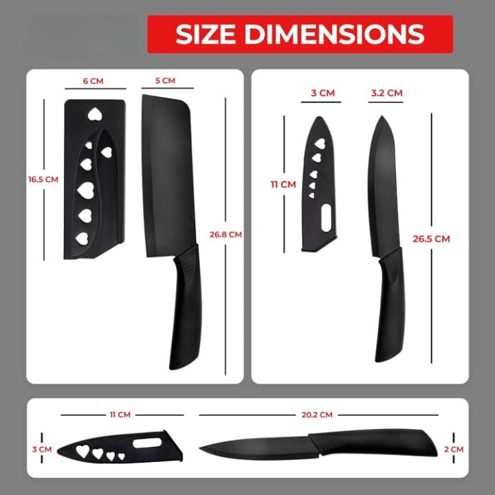 Image of Knife Set for Kitchen Professional 3 Pieces High Carbon Stainless Steel Colour Printed Coated Chef Knife I Utility Knife I Kitchen Knives with Ergonomic (Black)