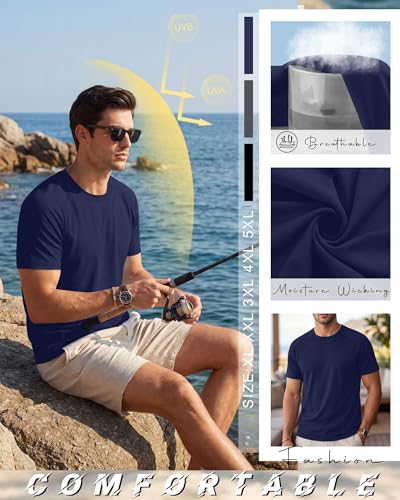 Image of Huukeay 3 Pack Men's Big and Tall Rash Guard T Shirts UPF 50+ Short Sleeve Swim Shirts Sun Protection Quick Dry Active Tops
