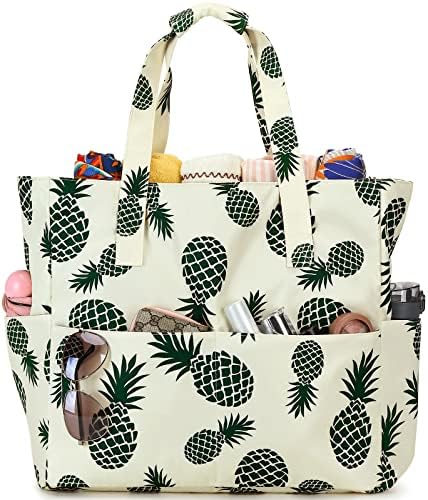 LEDAOU Large Beach Tote Bag Women Waterproof Sandproof Zipper for Pool Gym Grocery Travel with Wet Pocket (Beige)
