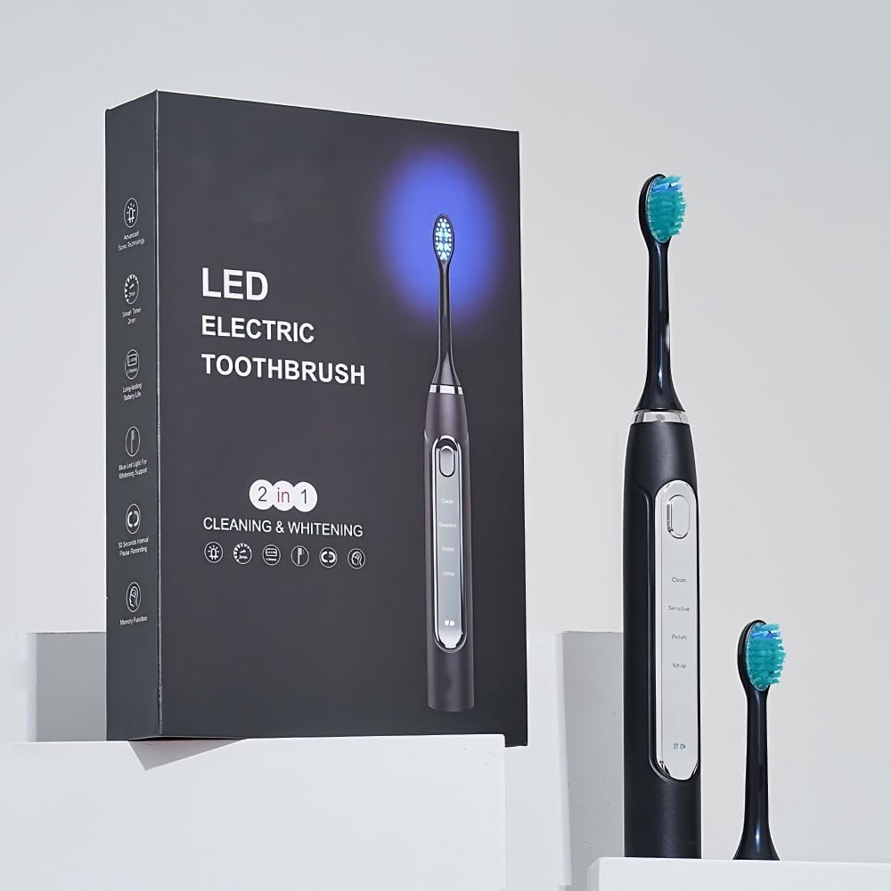 Spazzolino elettrico 2 in 1 per pulizia e sbiancamento, con testina di ricambio
