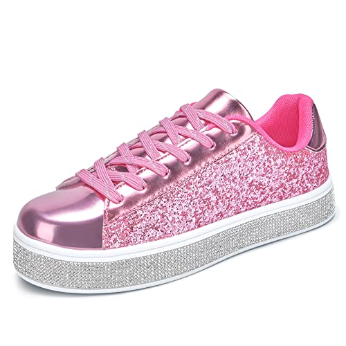 Image of UUBARIS Women's Glitter Tennis Sneakers Neon Dressy Sparkly Sneakers Rhinestone Bling Wedding Bridal Shoes Shiny Sequin Shoes