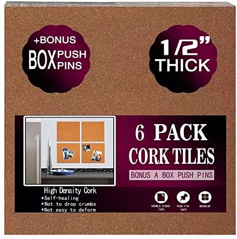 Azulejos de corcho de 12 x 12 pulgadas - 12 pulgadas de grosor - Paquete de 6 azulejos de corcho - Tablero de anuncios - Mini pared (paquete de 6