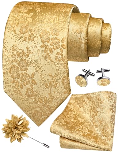 Image of GUSLESON 3.15 inch（8cm） Mens Floral Tie and Lapel Pin Necktie Hankerchief Cufflinks Set for Men