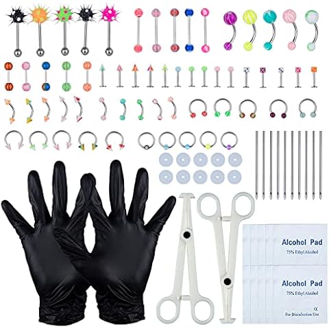 CuisinSmart 94pcs Piercing Jewelry Kit 14G 16G Nose Horseshoe Lip Tongue Eyebrow Tragus Belly Tongue Barbell Rings Colorful Body Piercing Tools for all Piercings Cover