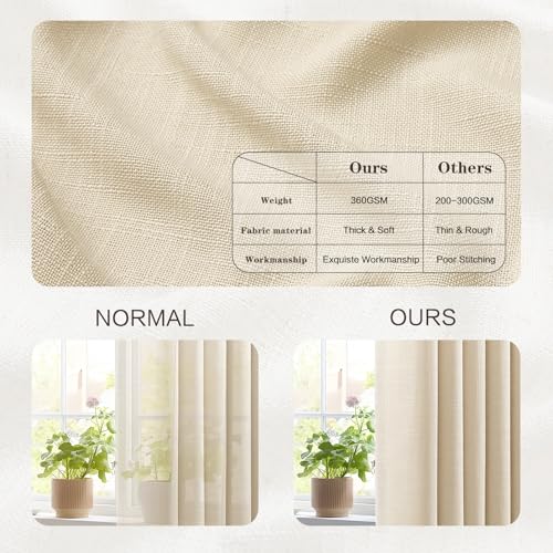 Pinch Pleated Linen Curtains 96 Inches Long for Living Room, Sand Beige Light Filtering Pleat Drapes Textured Thick Ceiling Semi-Sheer Window Curtain with Hooks for Bedroom Farmhouse, 2 Panels by YZ HOME - Used condition - Image 3