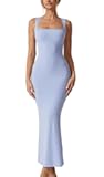 Women's Square Neck with Lace Detail Long Maxi Dress Sleeveless Lounge Ribbed Full Length Dresses